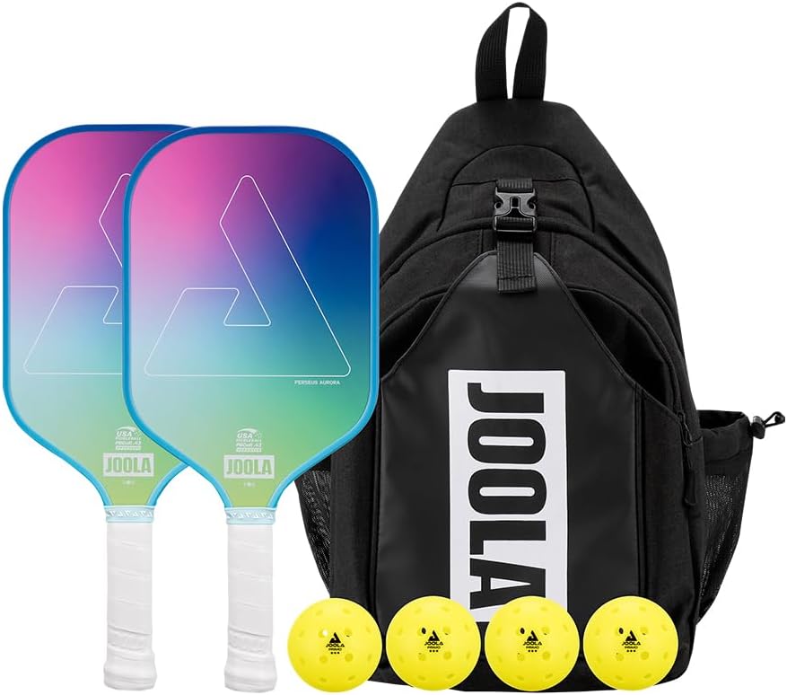 JOOLA Perseus Aurora Pickleball Paddles Set of 2 - Includes: 2 Pickleball Paddles, 4 Balls & Sling Bag - Cold Press Carbon Surface - Lightweight, Beginner Friendly - USAP Approved - NFC Enabled