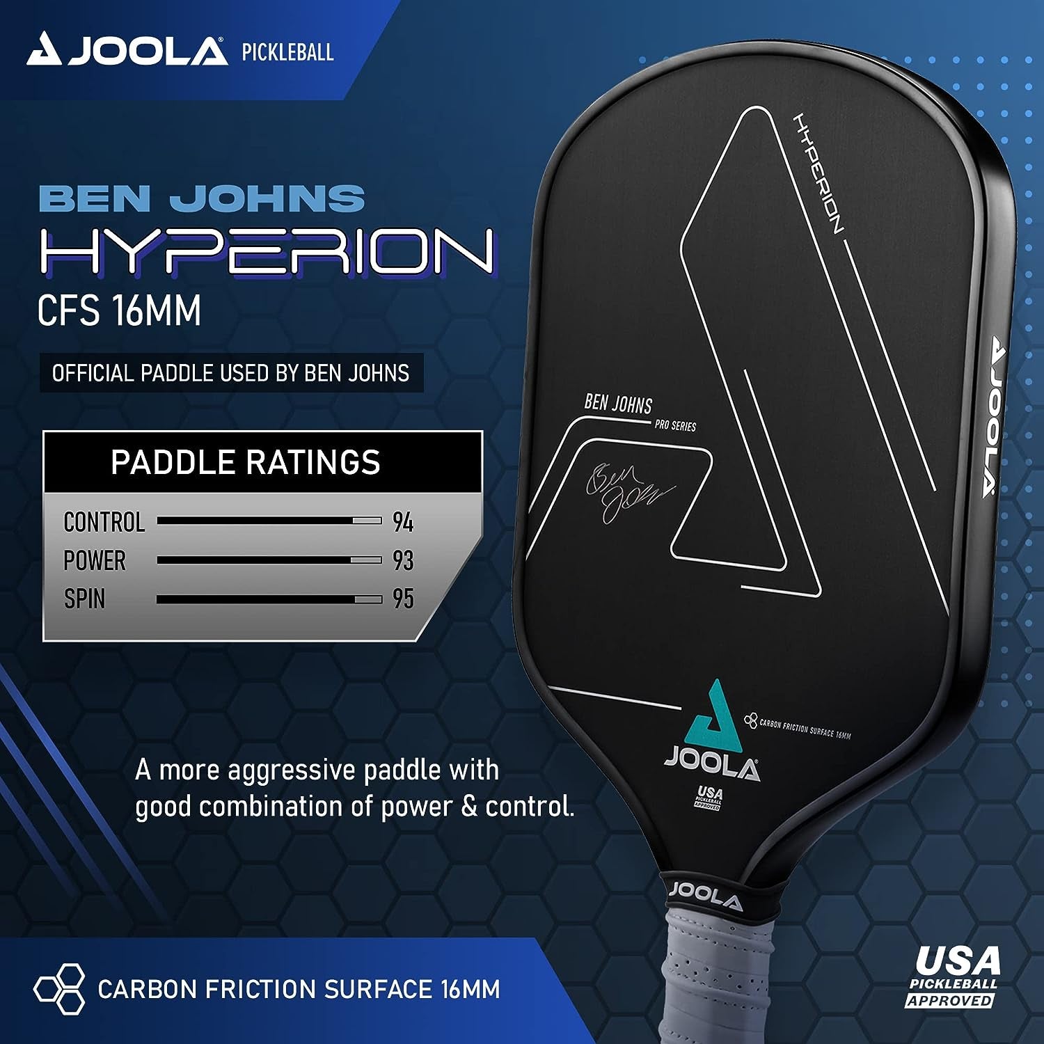 JOOLA Ben Johns Hyperion CFS Pickleball Paddle – Carbon Surface with High Grit & Spin, Elongated Handle, USAPA Approved Ben Johns Paddle