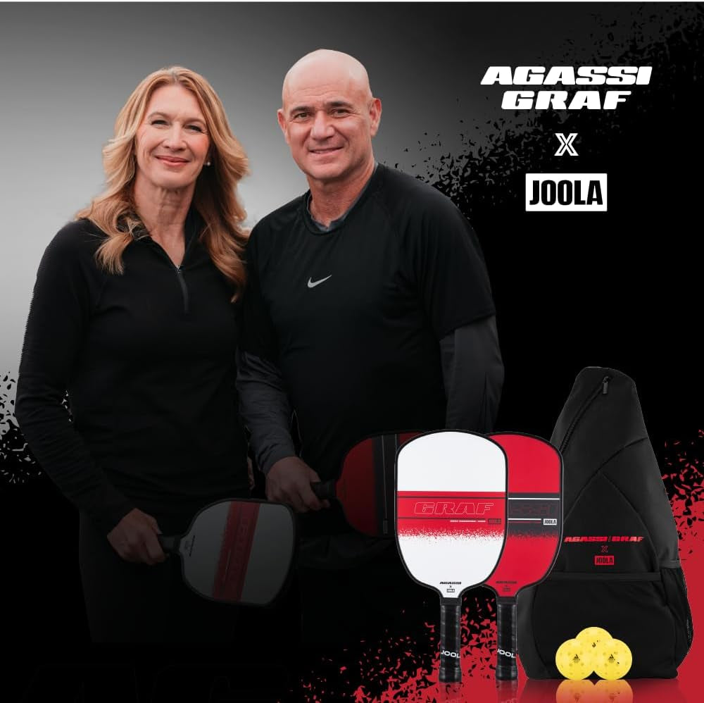 JOOLA Agassi/Graf Champion Set with Pickleball Paddles, Balls & Sling Bag - Sandblasted Pickleball Racket - Agassi Shape with Extended Sweet Spot - UPA-A Certified - USAP Approved - NFC Chip Enabled