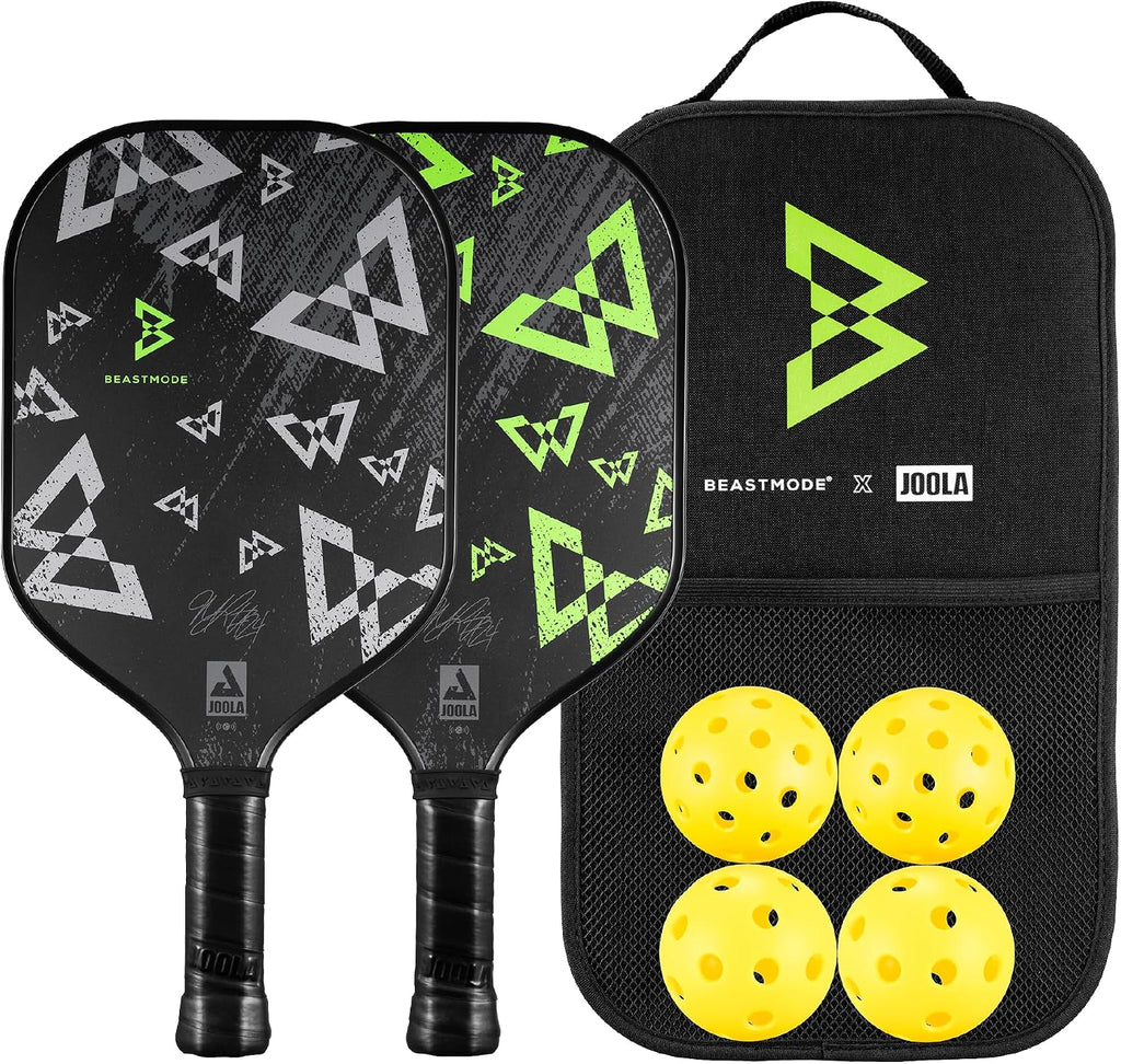 JOOLA Beastmode by Marshawn Lynch or Essentials Pickleball Paddle with Reinforced Fiberglass Surface and Honeycomb Polypropylene Core – Includes 2 Rackets, 4 Balls, and Storage Carry Bag
