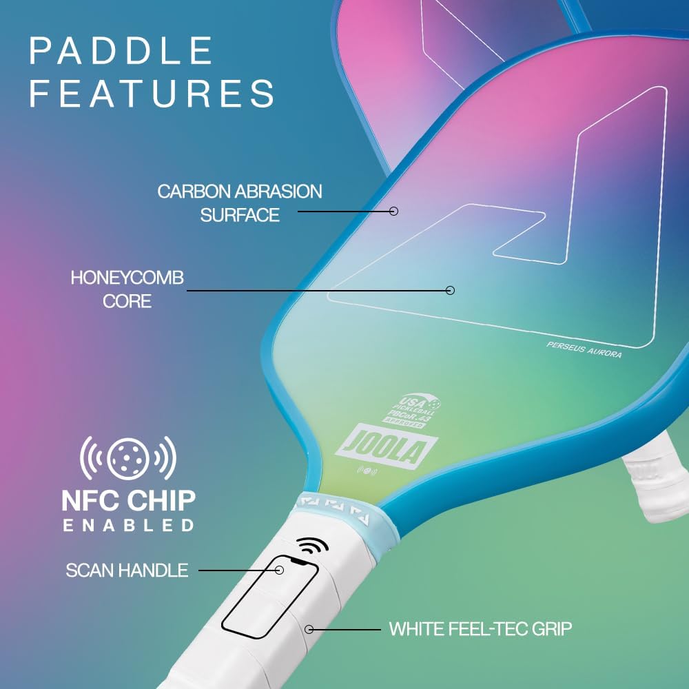 JOOLA Perseus Aurora Pickleball Paddles Set of 2 - Includes: 2 Pickleball Paddles, 4 Balls & Sling Bag - Cold Press Carbon Surface - Lightweight, Beginner Friendly - USAP Approved - NFC Enabled