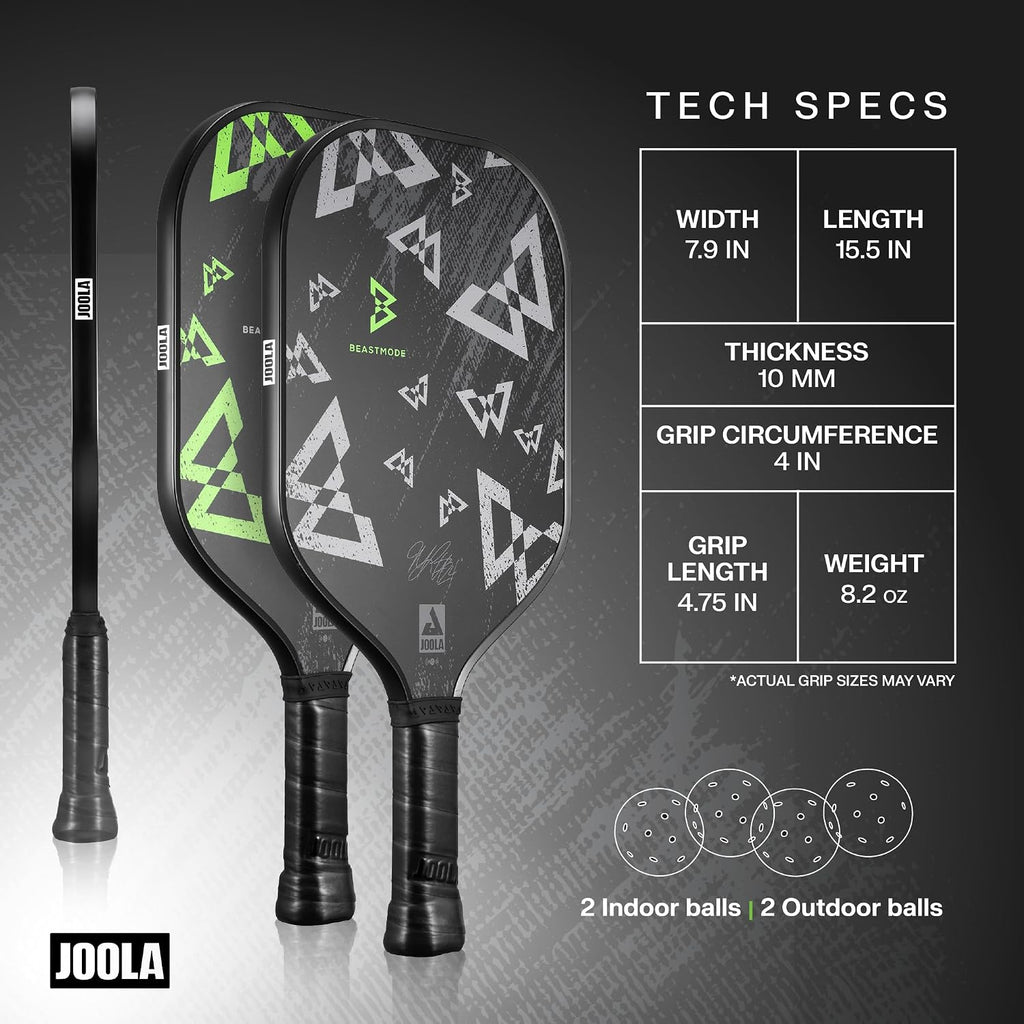 JOOLA Beastmode by Marshawn Lynch or Essentials Pickleball Paddle with Reinforced Fiberglass Surface and Honeycomb Polypropylene Core – Includes 2 Rackets, 4 Balls, and Storage Carry Bag