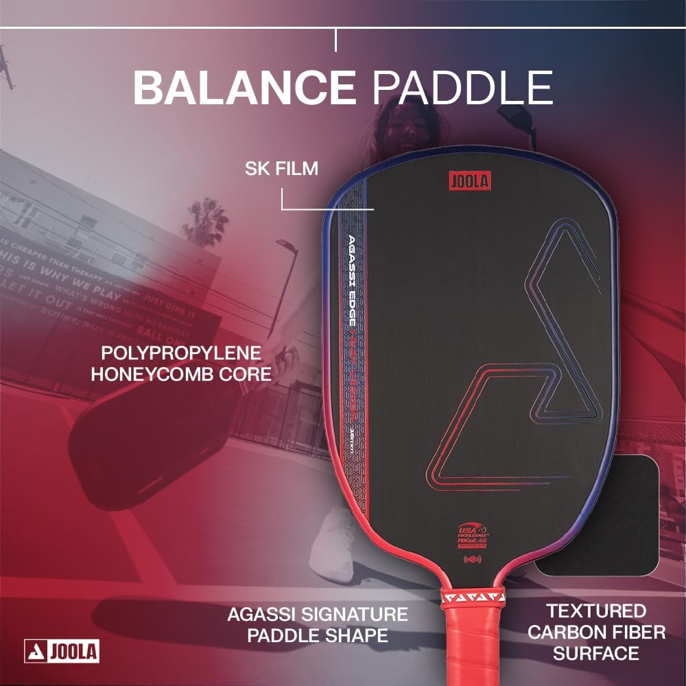 JOOLA Agassi Heat Vision 16Mm Pickleball Paddle - New Shape W/Extended Sweet Spot - Textured Carbon Fiber Surface for Spin - SK Film for Less Vibration - USAP Approved - NFC Chip Enabled