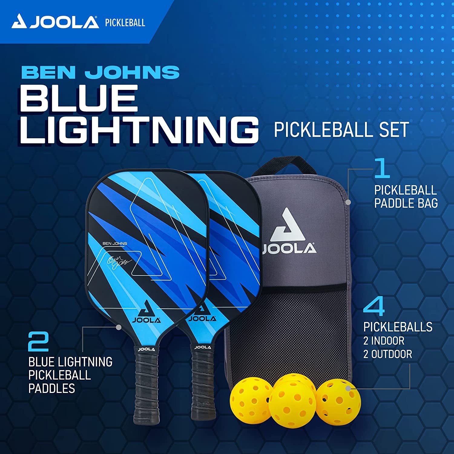 Ben Johns Pickleball Set - Made with Reinforced Fiberglass and Honeycomb Polypropylene - Includes 2 Paddles, 4 Balls, and  Pickleball Bag
