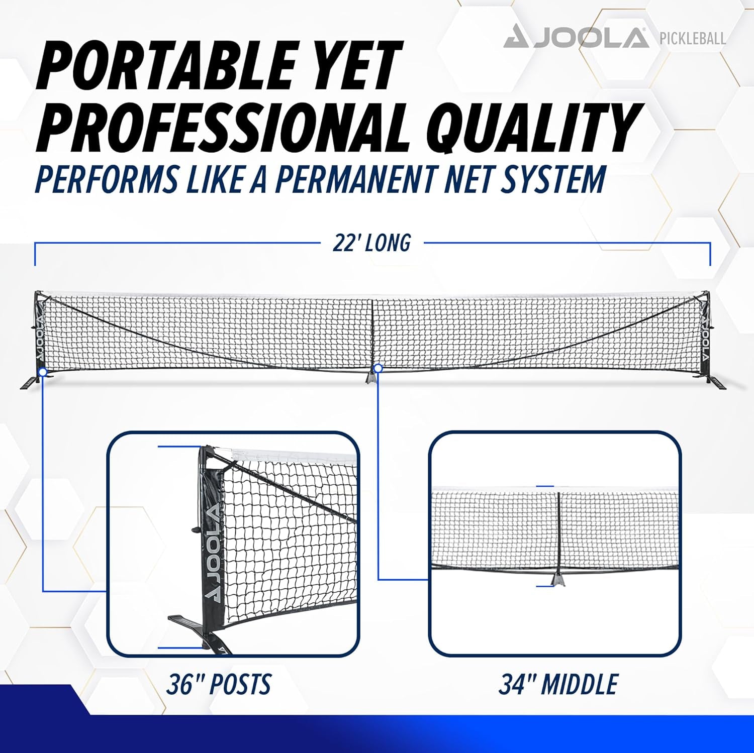 JOOLA Symmetry Portable Pickleball Net - Regulation Size Indoor & Outdoor Net - Easily Set up Your Pickleball Court, 3 Minute Assembly - Tension Lock System for Height Accuracy - 22Ft Length