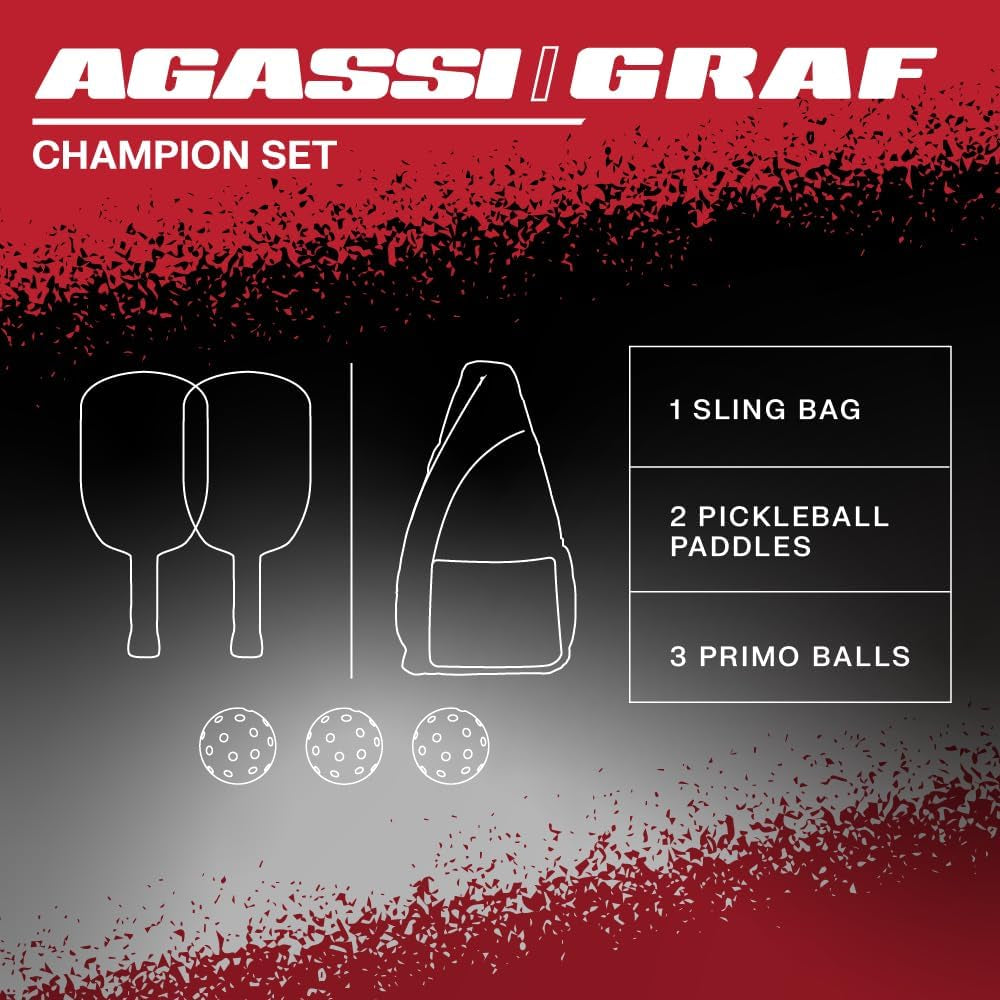 JOOLA Agassi/Graf Champion Set with Pickleball Paddles, Balls & Sling Bag - Sandblasted Pickleball Racket - Agassi Shape with Extended Sweet Spot - UPA-A Certified - USAP Approved - NFC Chip Enabled