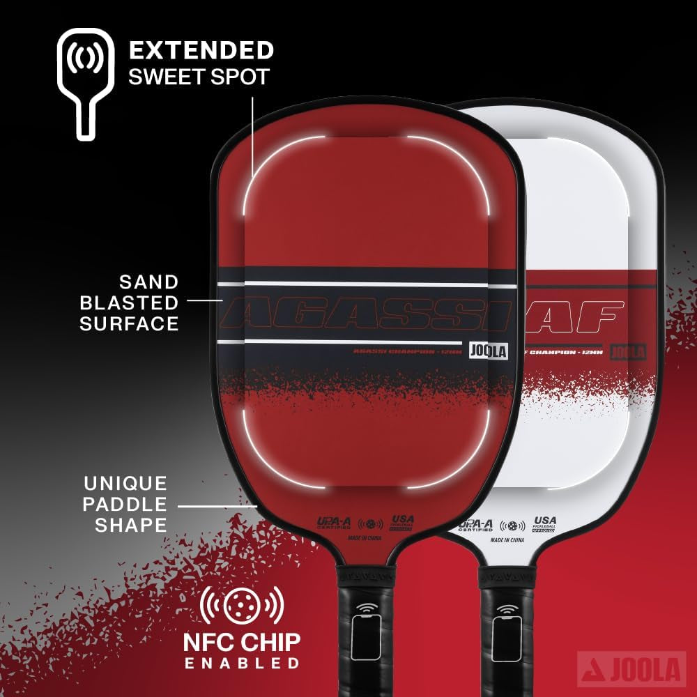 JOOLA Agassi/Graf Champion Set with Pickleball Paddles, Balls & Sling Bag - Sandblasted Pickleball Racket - Agassi Shape with Extended Sweet Spot - UPA-A Certified - USAP Approved - NFC Chip Enabled