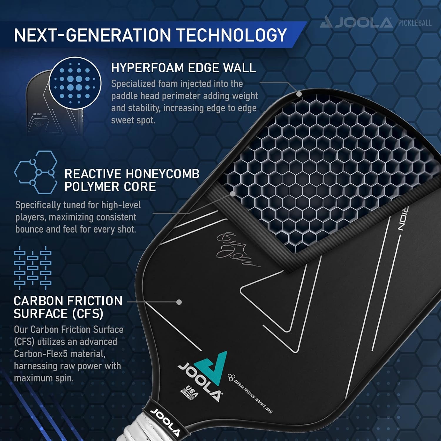 JOOLA Ben Johns Hyperion CFS Pickleball Paddle – Carbon Surface with High Grit & Spin, Elongated Handle, USAPA Approved Ben Johns Paddle