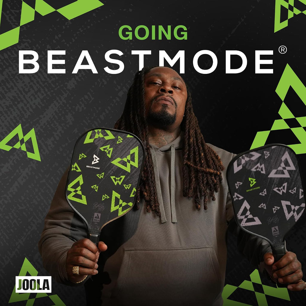 JOOLA Beastmode by Marshawn Lynch or Essentials Pickleball Paddle with Reinforced Fiberglass Surface and Honeycomb Polypropylene Core – Includes 2 Rackets, 4 Balls, and Storage Carry Bag