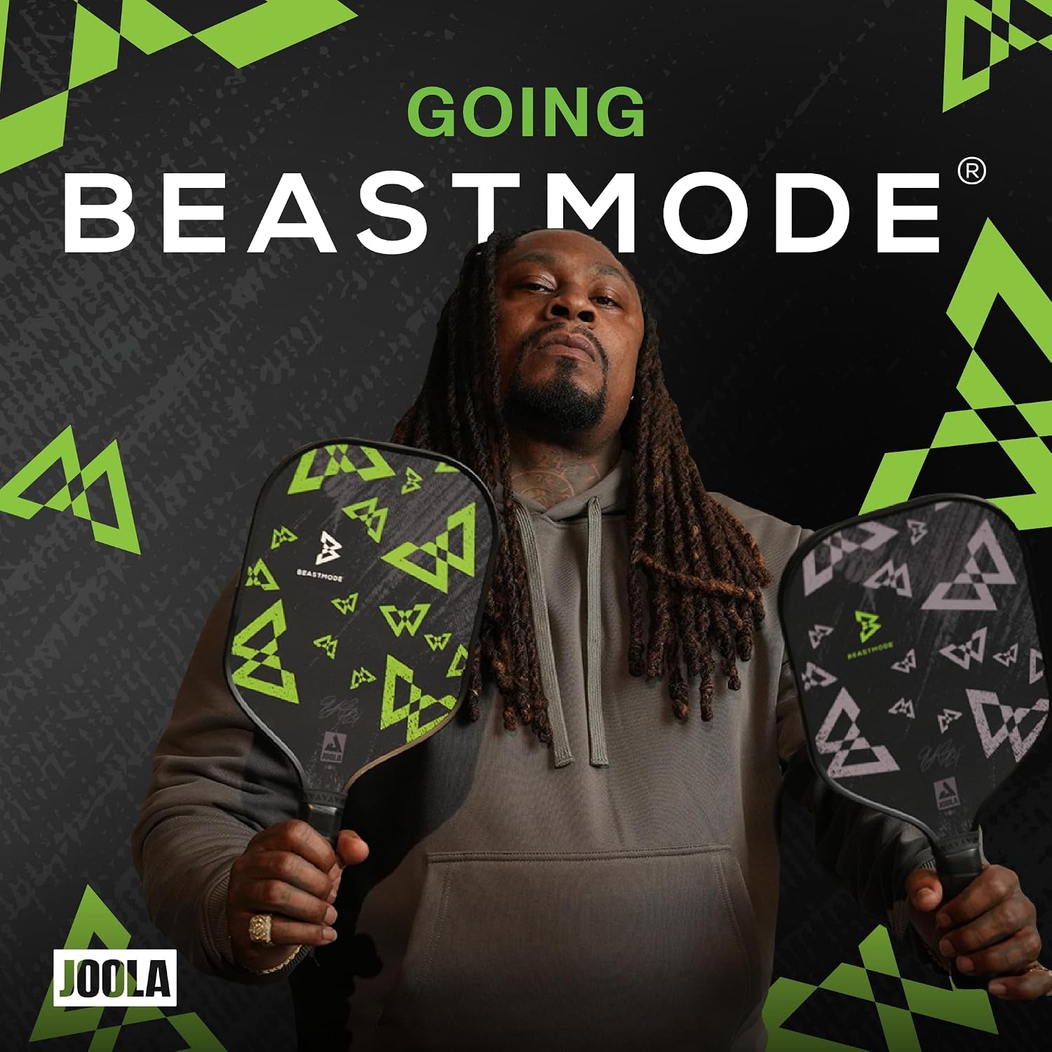 JOOLA Beastmode by Marshawn Lynch or Essentials Pickleball Paddle with Reinforced Fiberglass Surface and Honeycomb Polypropylene Core – Includes 2 Rackets, 4 Balls, and Storage Carry Bag