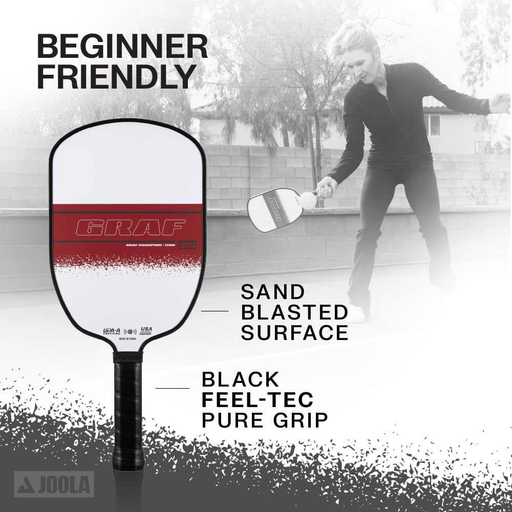 JOOLA Agassi GRAF Champion 12Mm Pickleball Paddle - Sandblasted Pickleball Racket Increases Spin & Control - Agassi Shape with Extended Sweet Spot - UPA-A Certified - USAP Approved - NFC Chip Enabled