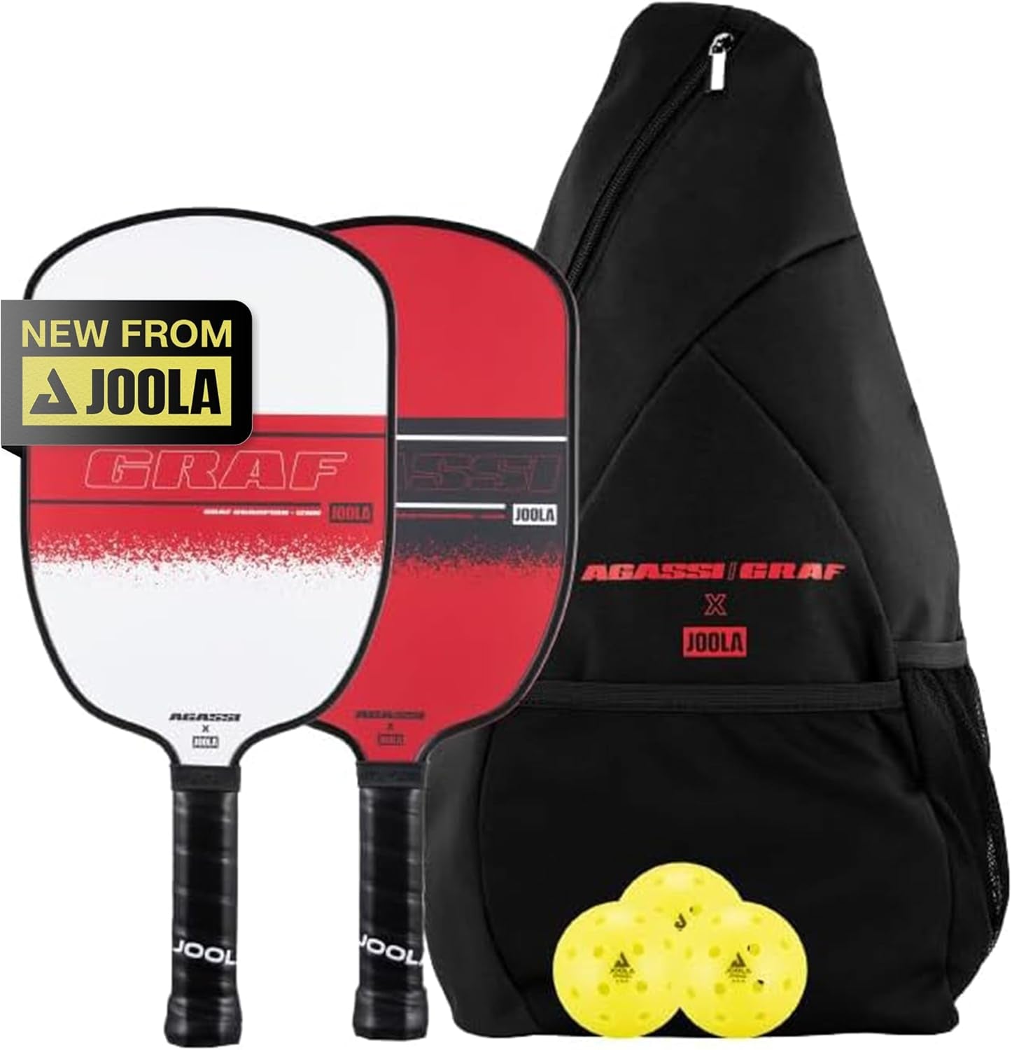 JOOLA Agassi/Graf Champion Set with Pickleball Paddles, Balls & Sling Bag - Sandblasted Pickleball Racket - Agassi Shape with Extended Sweet Spot - UPA-A Certified - USAP Approved - NFC Chip Enabled